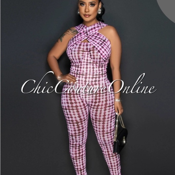 Chic Couture Pink Gingham Halter Jumpsuit - Picture 1 of 7